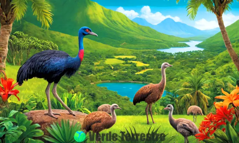 Ilustración colorida de diez aves no voladoras en un entorno natural vibrante, destacando especies como el avestruz y el pingüino entre vegetación exuberante