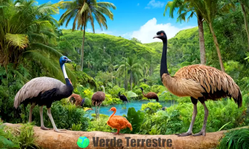 Diez aves no voladoras en un entorno tropical con vegetación exuberante y un cielo azul