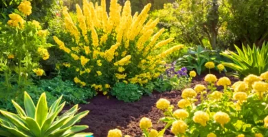 Plantas verdes vibrantes y flores en un jardín soleado