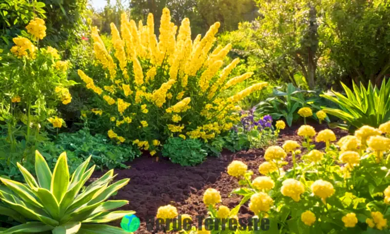 Plantas verdes vibrantes y flores en un jardín soleado