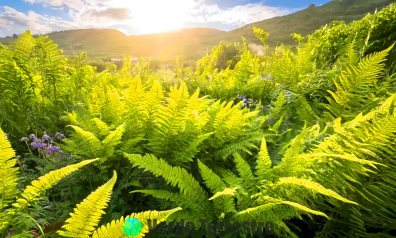 Jardín vibrante con plantas saludables bajo el sol, destacando gránulos de azufre esparcidos alrededor de las plantas
