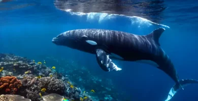 Grupo diverso de ballenas nadando entre un colorido arrecife de coral