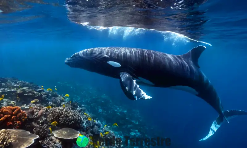 Grupo diverso de ballenas nadando entre un colorido arrecife de coral