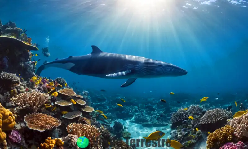 Una ballena azul nada con gracia en el océano, rodeada de peces coloridos y arrecifes de coral