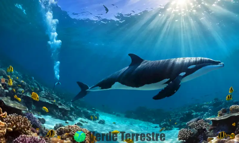 Ballena nadando en un colorido fondo marino, rodeada de delfines, leones marinos y peces con arrecifes de coral y rayos de sol