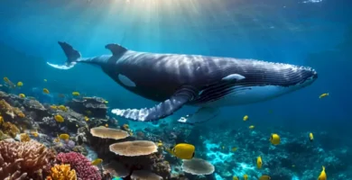 Ballena nadando en un océano azul