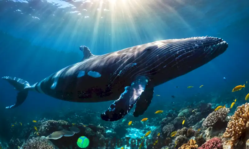 Ballena nadando en un océano vibrante, rodeada de peces coloridos y corales, iluminada por rayos de sol