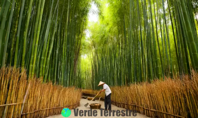 Escena de un bosque sereno con bambús de diferentes alturas y colores, un jardinero cuida las plantas bajo la luz suave del sol