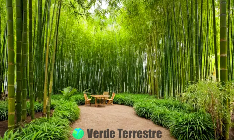 Jardín sereno con diversas variedades de bambú, iluminado suavemente, con un cartel y herramientas de jardinería