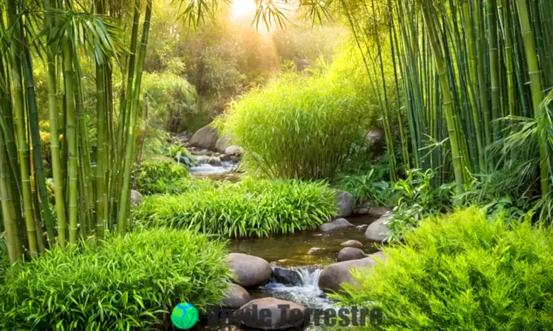 Jardín encantador con diversas especies de bambú y un arroyo sereno bajo la luz suave del sol