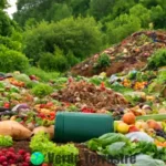 Imagen que muestra la clasificación de residuos orgánicos (frutas y verduras) y residuos inorgánicos (botellas y latas) en un paisaje dividido entre naturaleza y ambiente urbano