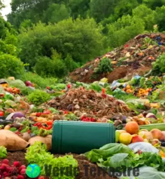 Imagen que muestra la clasificación de residuos orgánicos (frutas y verduras) y residuos inorgánicos (botellas y latas) en un paisaje dividido entre naturaleza y ambiente urbano