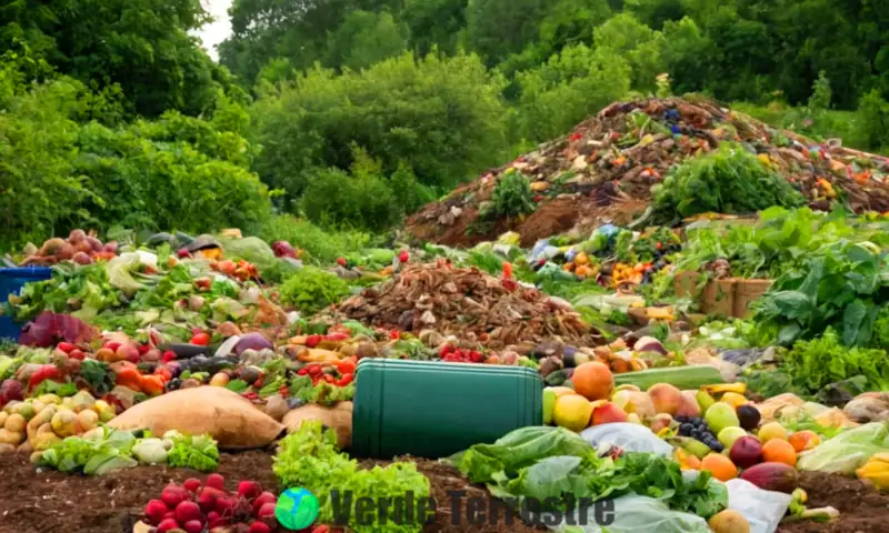 Imagen que muestra la clasificación de residuos orgánicos (frutas y verduras) y residuos inorgánicos (botellas y latas) en un paisaje dividido entre naturaleza y ambiente urbano