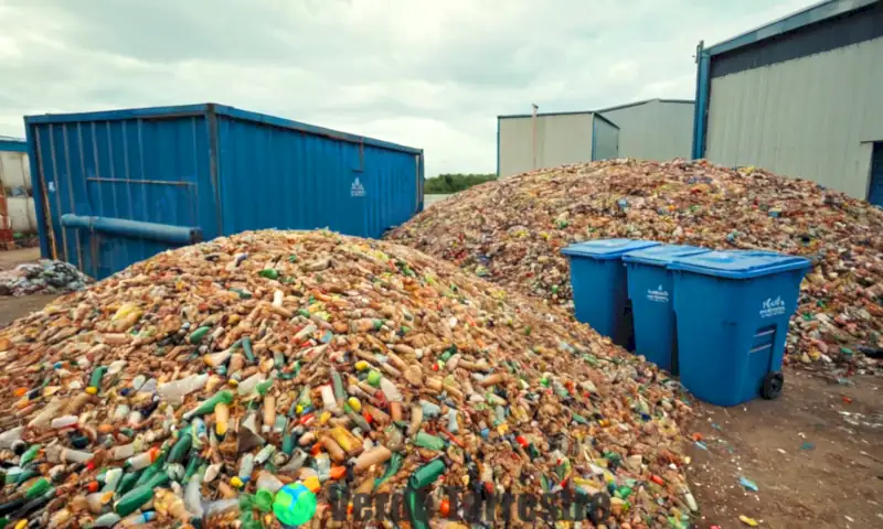 Ilustración colorida de una instalación de reciclaje que compara residuos inorgánicos y orgánicos, con gráficos informativos de clasificación de desechos