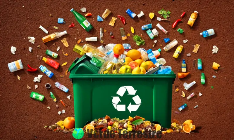 Ilustración educativa que muestra la clasificación de residuos inorgánicos y orgánicos, con pilas de botellas de plástico, latas de metal y restos de frutas, en un fondo colorido y etiquetado