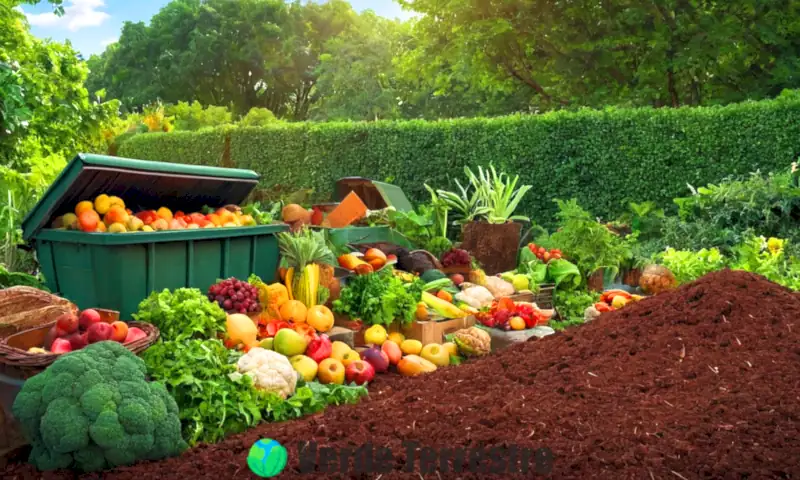 Ilustración educativa sobre clasificación de residuos orgánicos, mostrando frutas, verduras y hojas en un entorno natural con un contenedor de compost