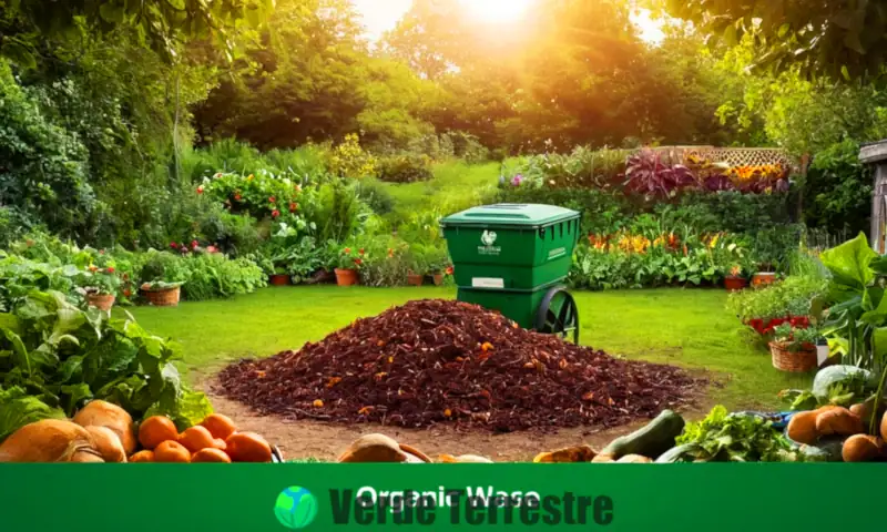 Ilustración colorida de desechos orgánicos en un jardín verde, con un compostero y materiales vibrantes, destacando la importancia del reciclaje