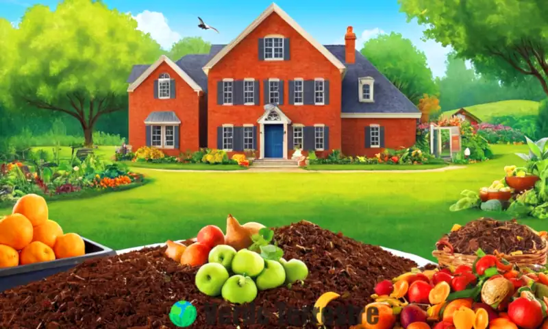Ilustración educativa colorida que muestra residuos orgánicos en un entorno de compostaje con materiales como cáscaras de fruta y restos de verduras