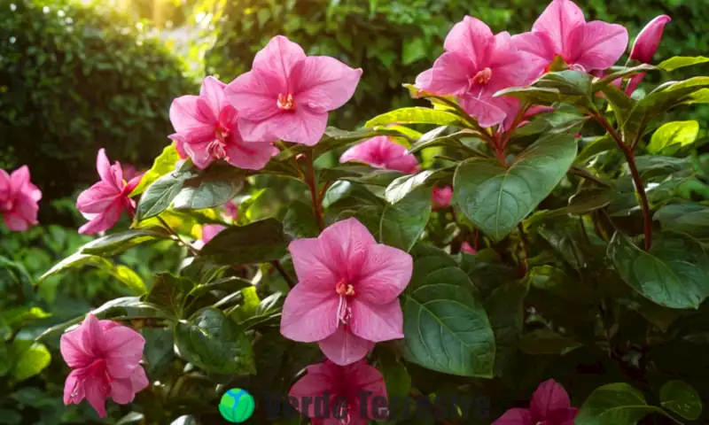 Primer plano de una planta Bignonia rosada con flores vibrantes en un jardín iluminado, rodeada de herramientas de jardinería