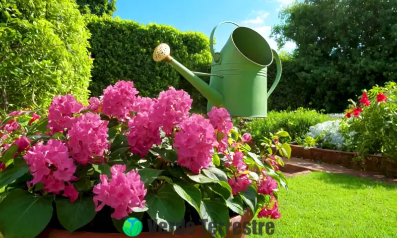 Planta de Bignonia rosa en un jardín vibrante con follaje verde y flores rosas, bajo un cielo azul soleado