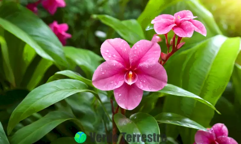 Planta de Bignonia rosada con flores brillantes y hojas verdes en un jardín soleado, con gotas de rocío y luz filtrándose entre las hojas