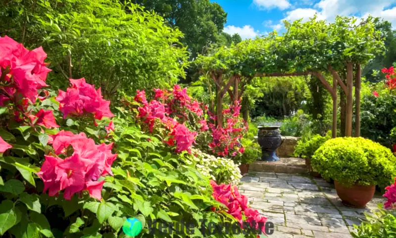 Escena de un jardín vibrante con una Bignonia rosada en flor y herramientas de jardinería bajo un cielo azul