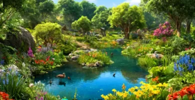 Ilustración de un ecosistema vibrante con plantas diversas y animales coexistiendo en un entorno natural detallado