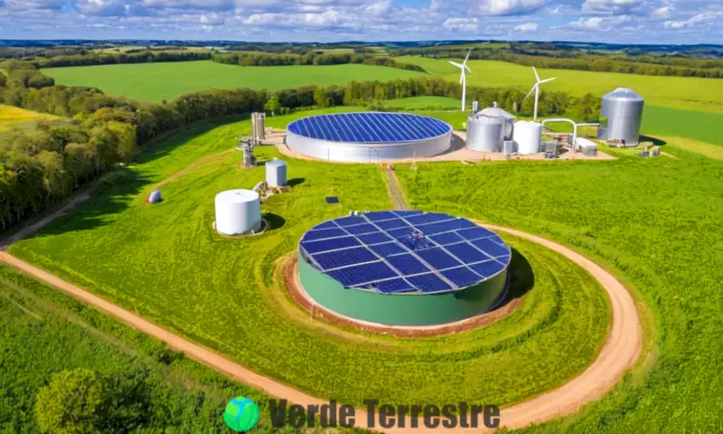 Biodigestor moderno en un paisaje verde con paneles solares y turbinas eólicas