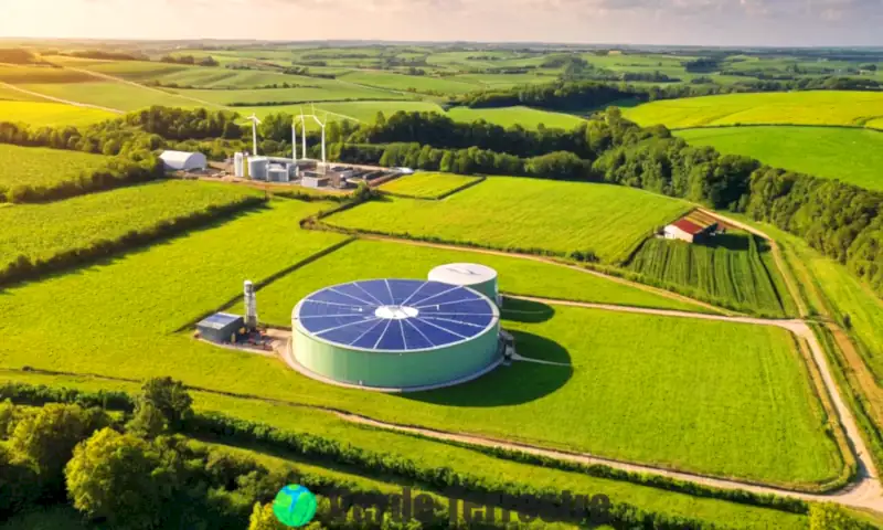 Ilustración colorida de un digestor de biogás en un paisaje agrícola, con energía renovable representada por burbujas de metano, un panel solar y una turbina eólica