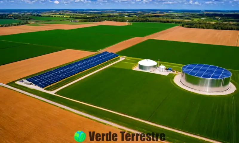 Paisaje agrícola vibrante con un biodigestor moderno rodeado de campos verdes, paneles solares y turbinas eólicas bajo un cielo azul