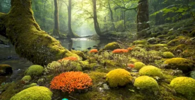 Representación artística de bioindicadores en un ecosistema vibrante de bosque y río