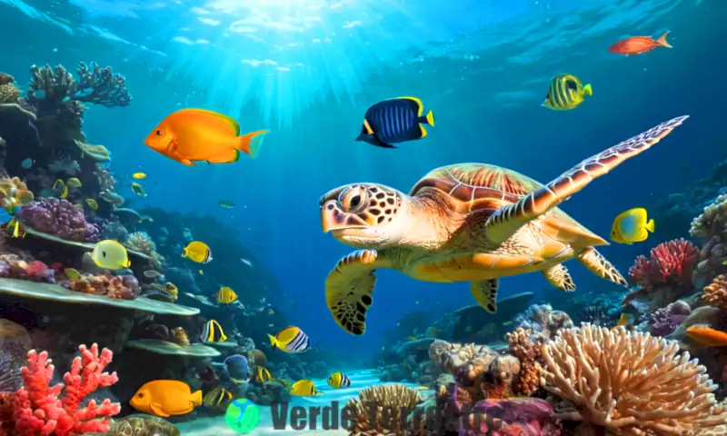 Escena submarina con arrecifes de coral, peces variados y una tortuga marina, todo en un entorno lleno de luz y vegetación marina