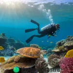 Buceador plantando coral en un colorido paisaje submarino con peces