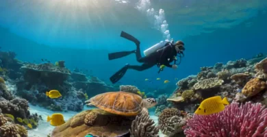 Buceador plantando coral en un colorido paisaje submarino con peces