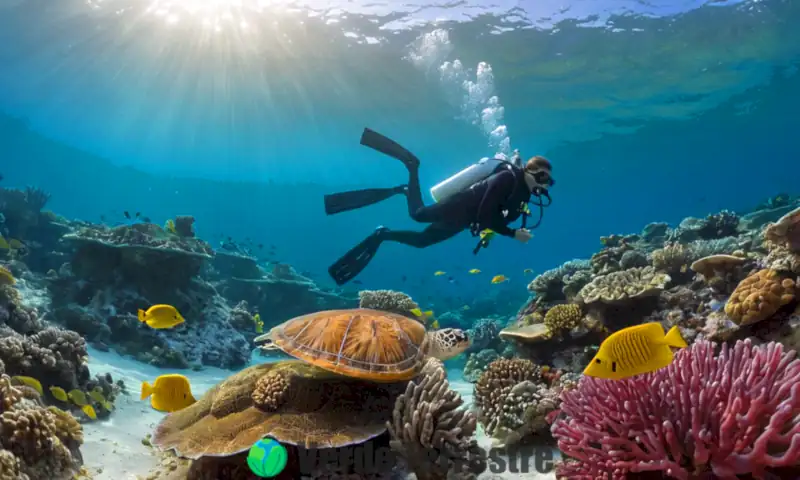 Buceador plantando coral en un colorido paisaje submarino con peces