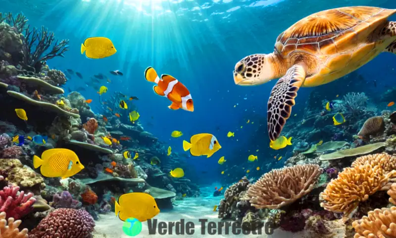 Escena submarina vibrante que muestra peces coloridos, arrecifes de coral y tortugas, con elementos de conservación y prácticas pesqueras sostenibles