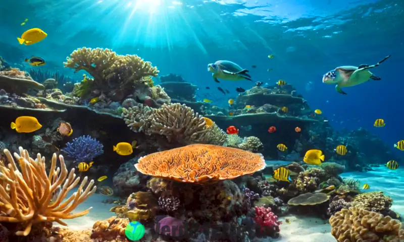 Escena submarina vibrante con arrecifes de coral, peces, tortugas marinas y algas, destacando la biodiversidad y la conservación del océano