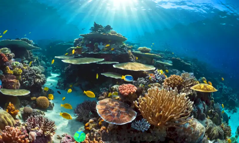 Escena submarina con coloridos corales, peces tropicales, tortugas y medusas iluminada por la luz del sol