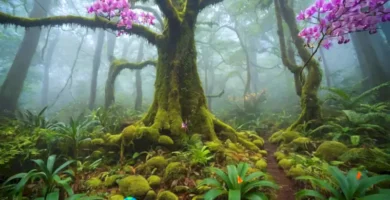 Bosque místico envuelto en niebla con árboles altos cubiertos de musgo