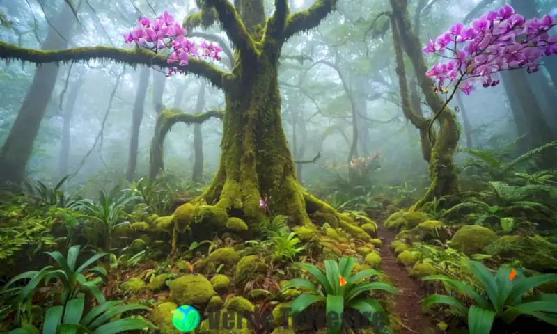 Bosque místico envuelto en niebla con árboles altos cubiertos de musgo