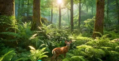 Bosque templado con ciervos