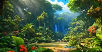 Selva tropical vibrante con fauna y flora diversas