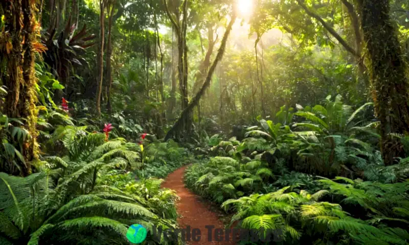 Selva tropical vibrante con diversas especies de plantas, árboles altos, flores coloridas y helechos, iluminada por la luz del sol