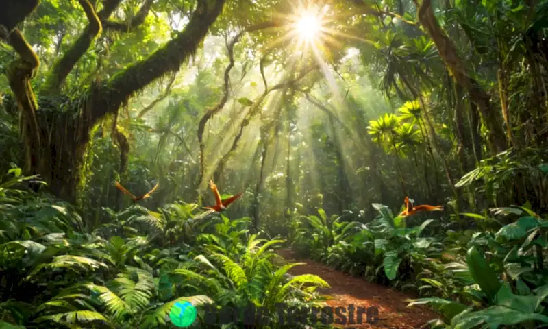 Selva tropical vibrante con follaje verde, aves coloridas y monos, iluminada por la luz del sol que filtra entre las copas