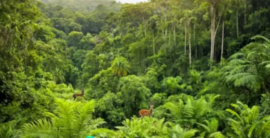 Selva exuberante con flora y fauna diversa a un lado