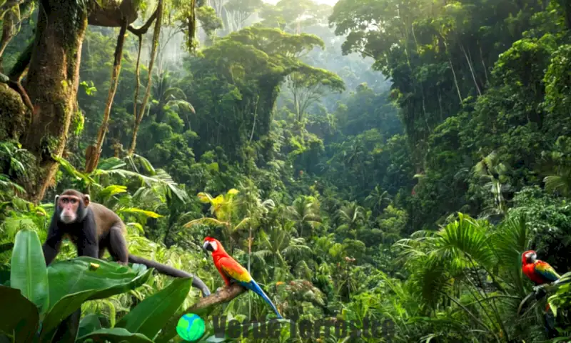 Comparación vibrante entre una selva llena de vida y un bosque sereno, mostrando su biodiversidad y hábitats contrastantes