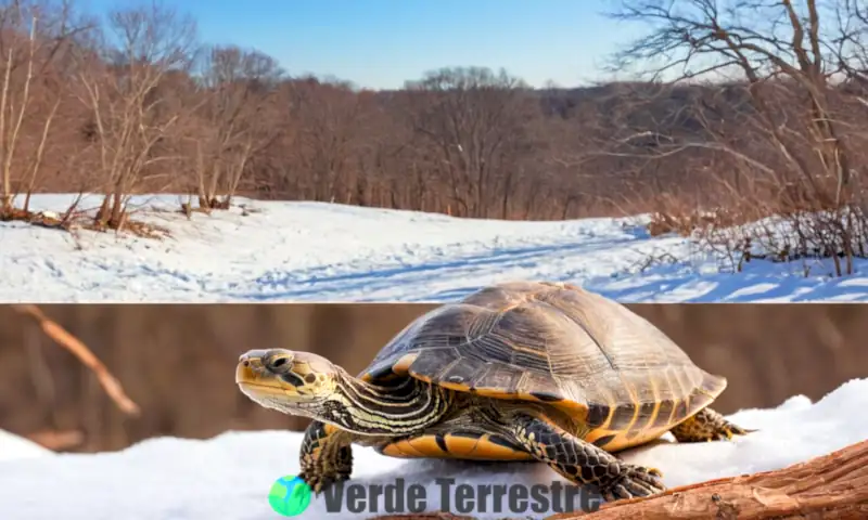 Reptil hibernando en un entorno invernal con un gráfico que compara brumación y hibernación