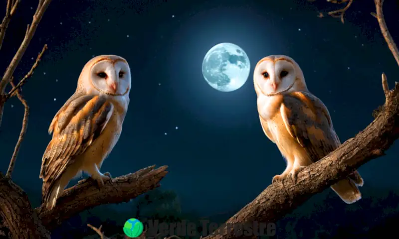 Búho y lechuza reposan en una rama bajo un cielo iluminado por la luna, rodeados de un bosque misterioso
