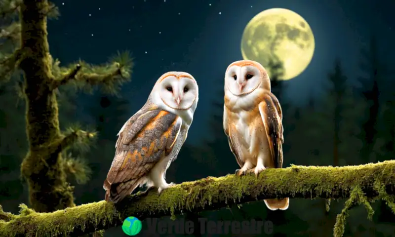 Dos búhos, uno común y uno de granero, posan en una rama cubierta de musgo bajo un bosque iluminado por la luna