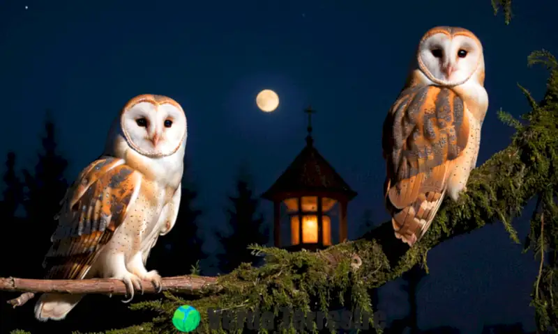 Dos búhos, uno real y uno de granero, posan en un bosque iluminado por la luna, con un ambiente onírico y diferencias en sus rostros y plumajes